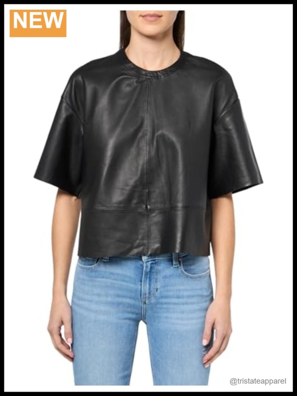 AllSaints Leather T-Shirt Short Sleeve Crew Neck Relaxed Fit